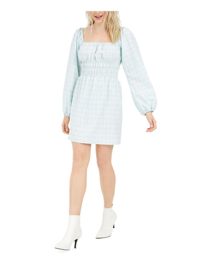 LEYDEN Womens Light Blue Ruched Plaid Long Sleeve Square Neck Short Sheath Dress M