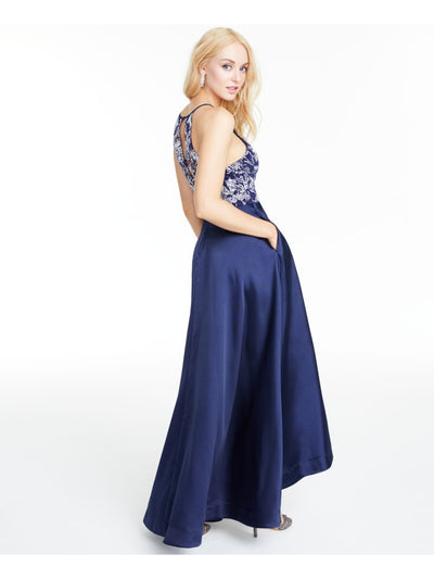 SPEECHLESS Womens Navy Embellished Glitter Floral Sleeveless Full-Length Formal Hi-Lo Dress Juniors 9