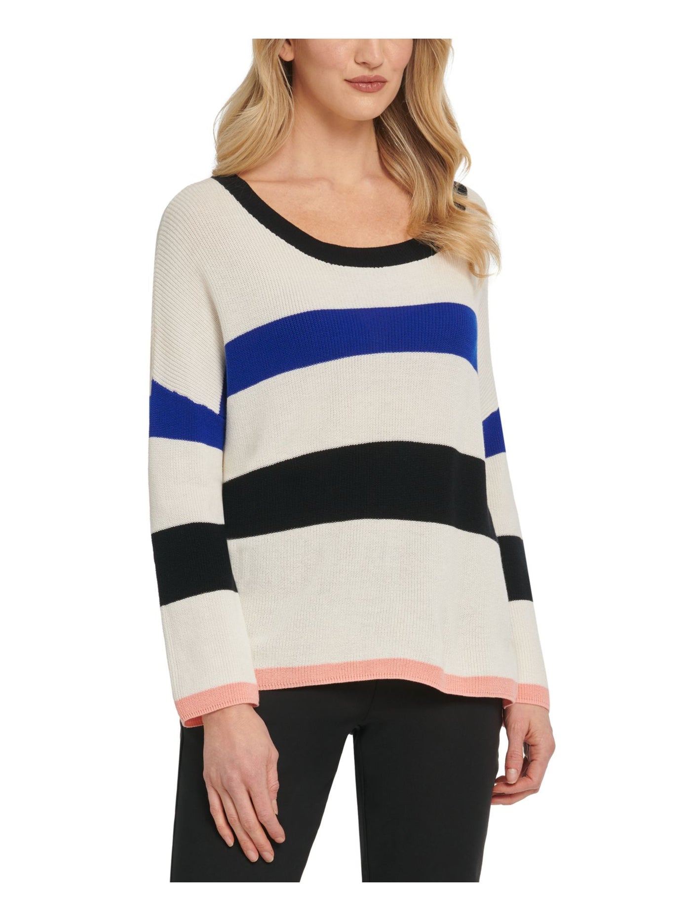 DKNY Womens White Ribbed Color Block Long Sleeve Scoop Neck Sweater XS