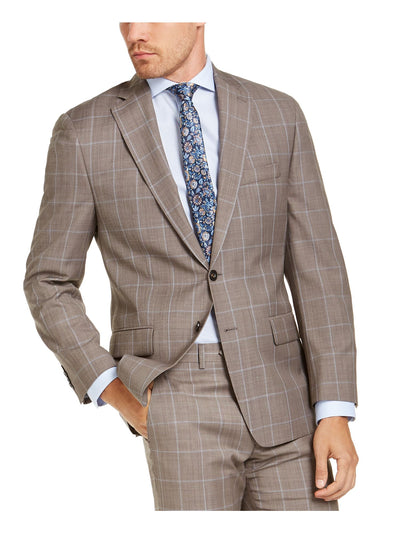 MICHAEL KORS Mens Beige Single Breasted, Windowpane Plaid Stretch Suit Separate Blazer Jacket 48R