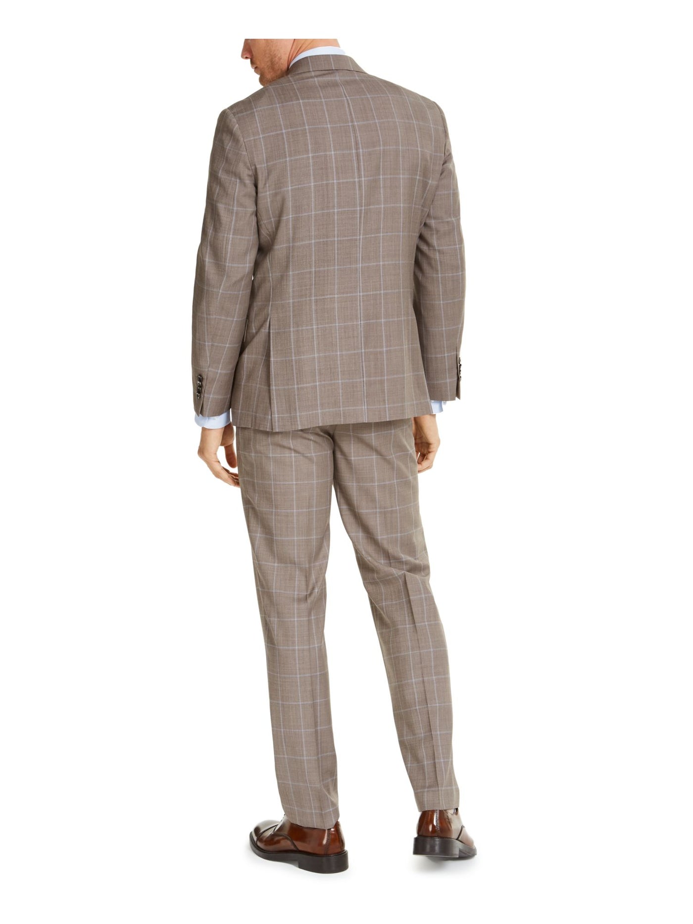 MICHAEL KORS Mens Beige Single Breasted, Windowpane Plaid Stretch Suit Separate Blazer Jacket 48R