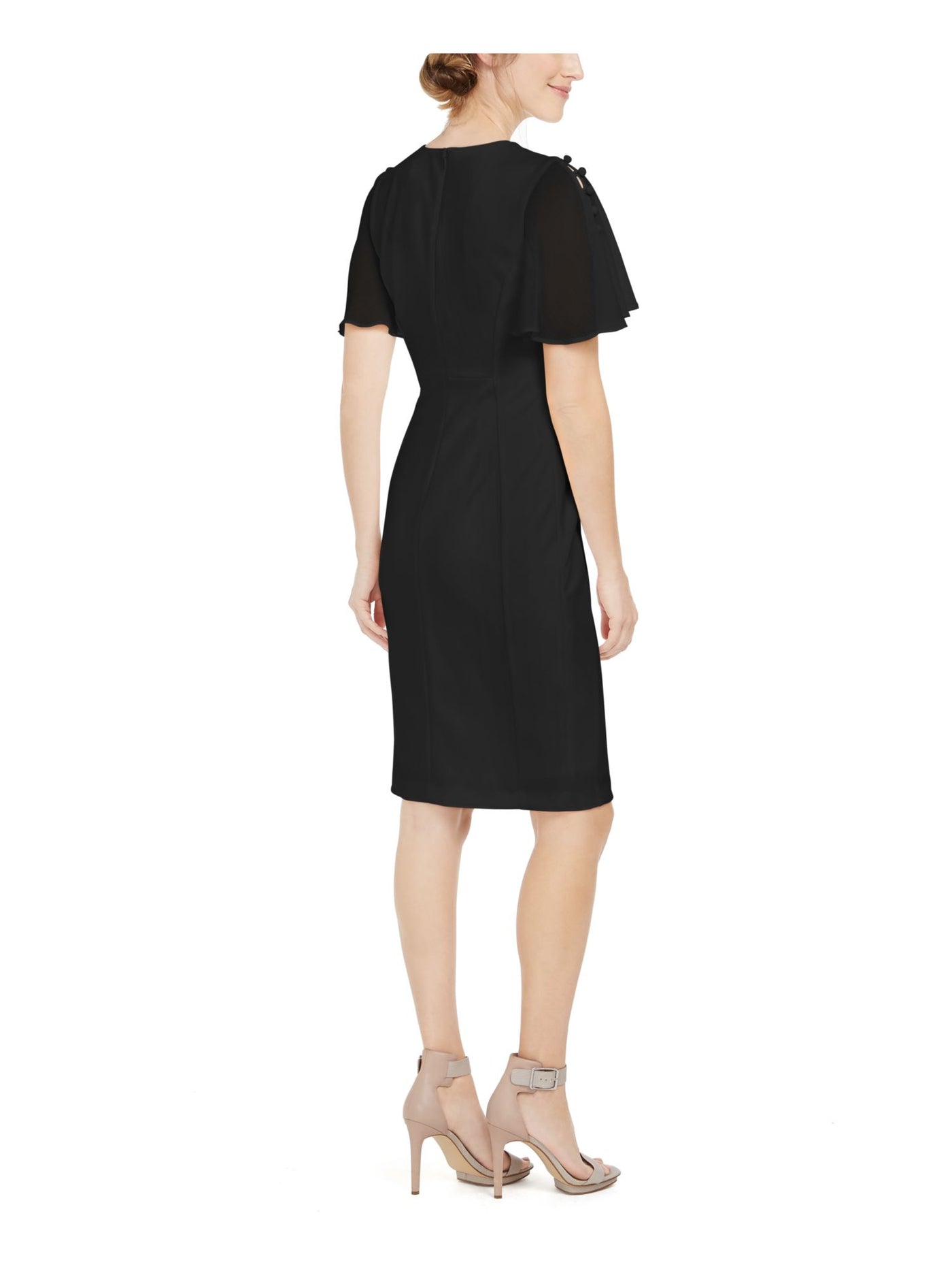 CALVIN KLEIN Womens Black Zippered Button Detail Flutter Sleeve Round Neck Knee Length Wear To Work Sheath Dress 6