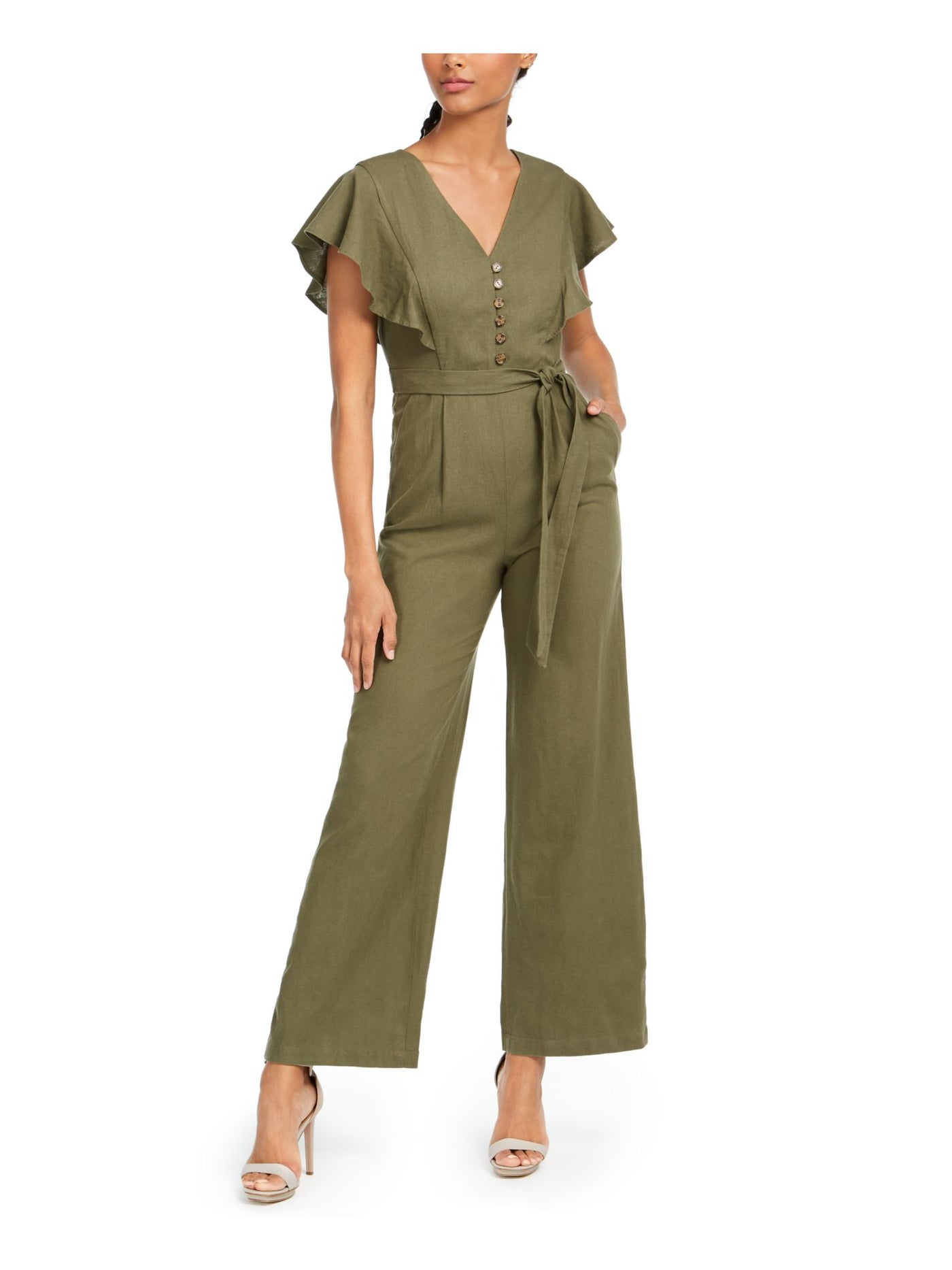 CALVIN KLEIN Womens Green Belted Ruffled Short Sleeve V Neck Wide Leg Jumpsuit 16