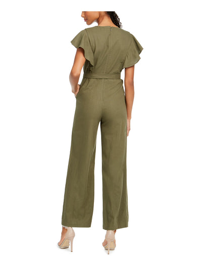 CALVIN KLEIN Womens Green Belted Ruffled Short Sleeve V Neck Wide Leg Jumpsuit 16