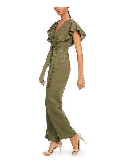 CALVIN KLEIN Womens Green Belted Ruffled Short Sleeve V Neck Wide Leg Jumpsuit 16