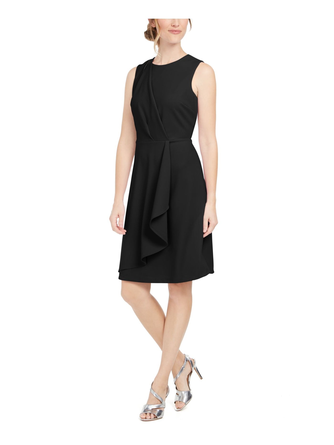 CALVIN KLEIN Womens Black Zippered Cascading Ruffle Sleeveless Crew Neck Above The Knee Cocktail Fit + Flare Dress 8
