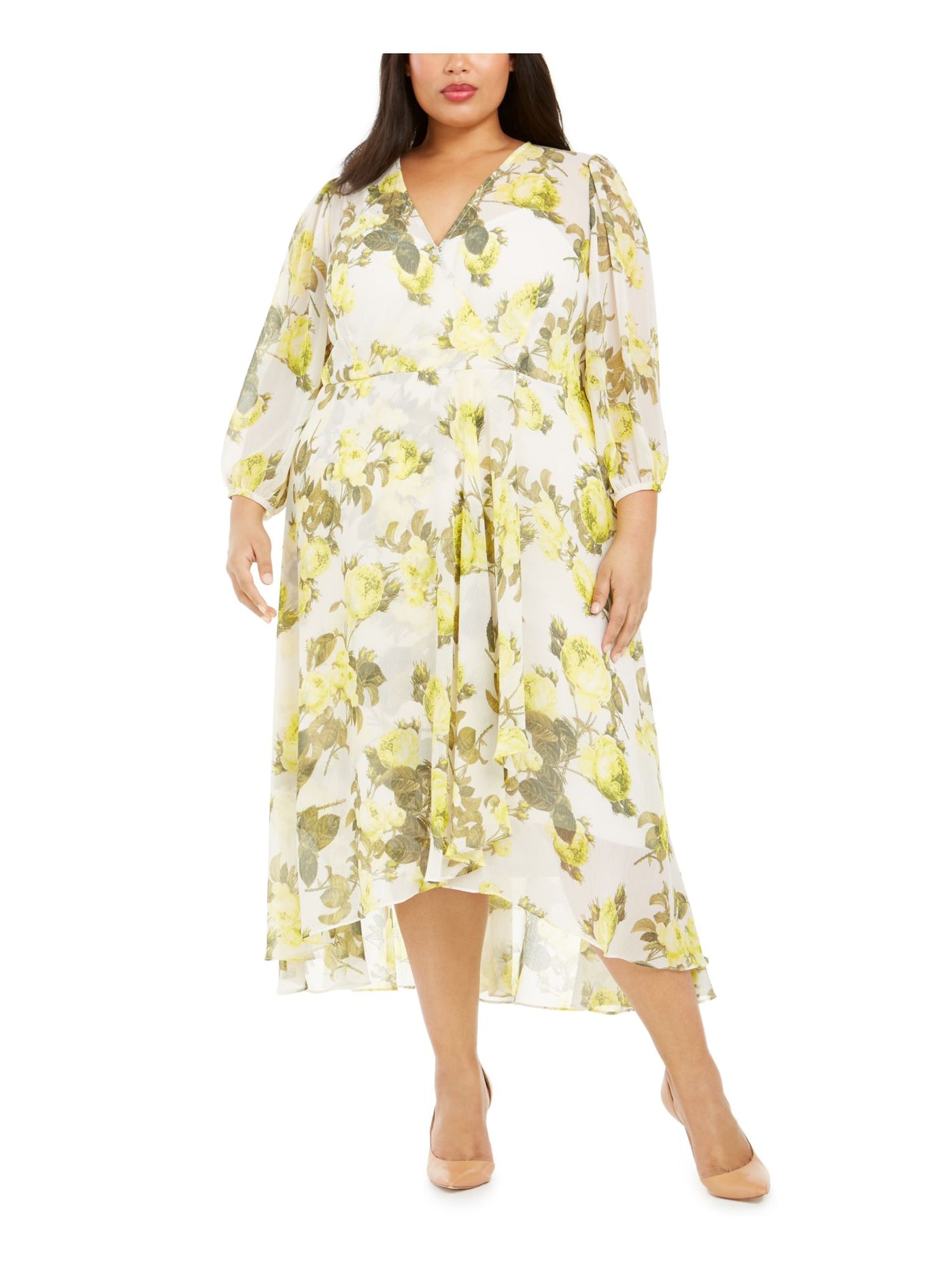 CALVIN KLEIN Womens Yellow Zippered Sheer Floral 3/4 Sleeve Jewel Neck Below The Knee Evening Fit + Flare Dress Plus 18W