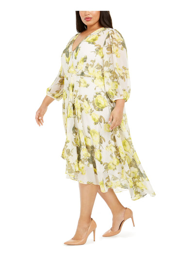 CALVIN KLEIN Womens Yellow Zippered Sheer Floral 3/4 Sleeve Jewel Neck Below The Knee Evening Fit + Flare Dress Plus 18W