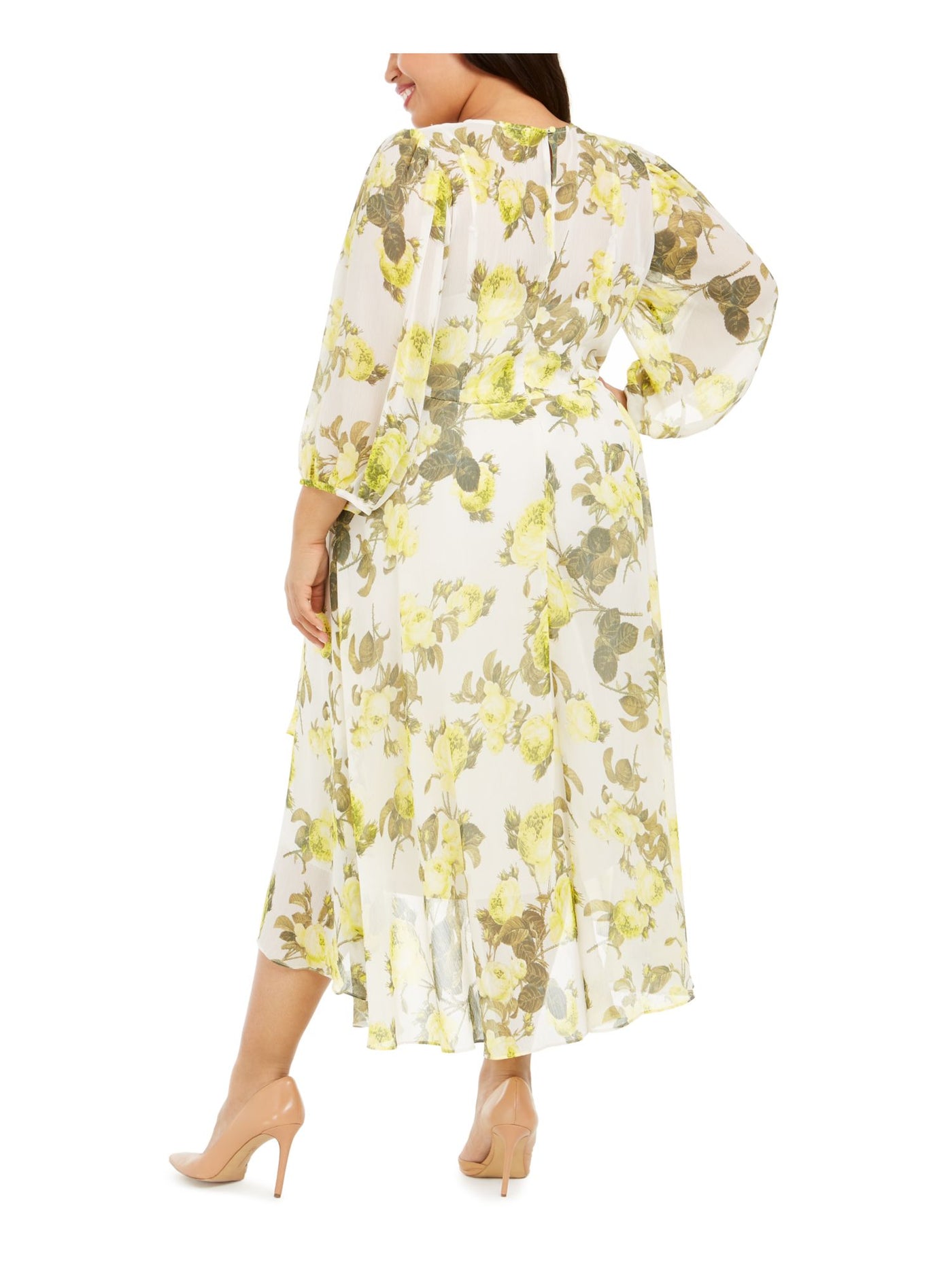 CALVIN KLEIN Womens Yellow Zippered Sheer Floral 3/4 Sleeve Jewel Neck Below The Knee Evening Fit + Flare Dress Plus 18W