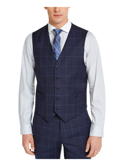 TOMMY HILFIGER Mens Navy Single Breasted, Windowpane Plaid Classic Fit Performance Stretch Suit Separate VestS