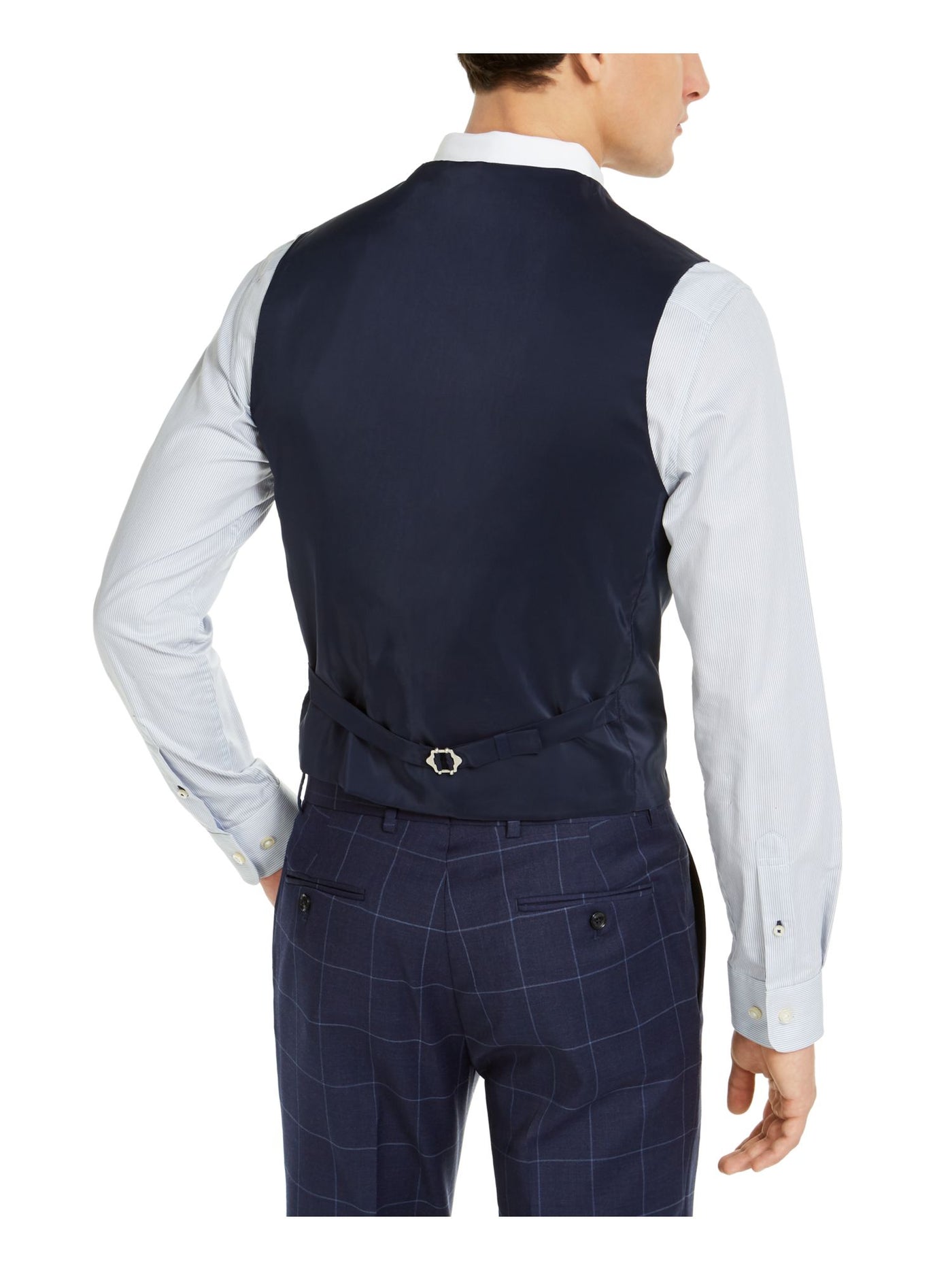 TOMMY HILFIGER Mens Navy Single Breasted, Windowpane Plaid Classic Fit Performance Stretch Suit Separate VestS