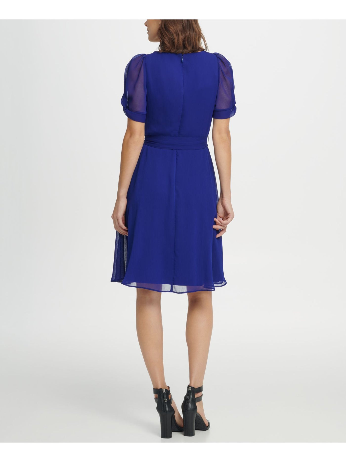 DKNY Womens Blue Sheer Knot Belt Pouf V Neck Above The Knee Wear To Work Fit + Flare Dress 10