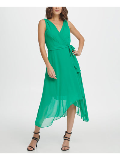 DKNY Womens Green Belted Sheer Sleeveless V Neck Below The Knee Evening Fit + Flare Dress 12