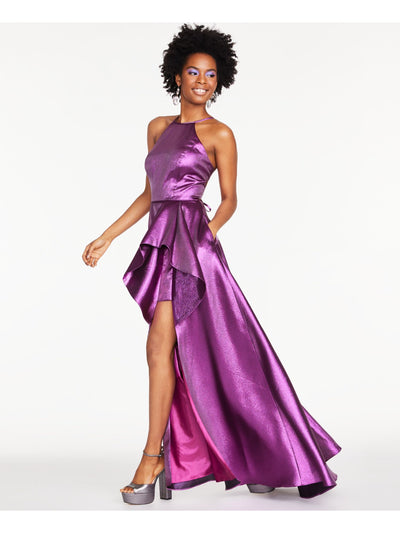 BLONDIE Womens Ruffled Slitted Zippered Sleeveless Halter Maxi Prom Fit + Flare Dress