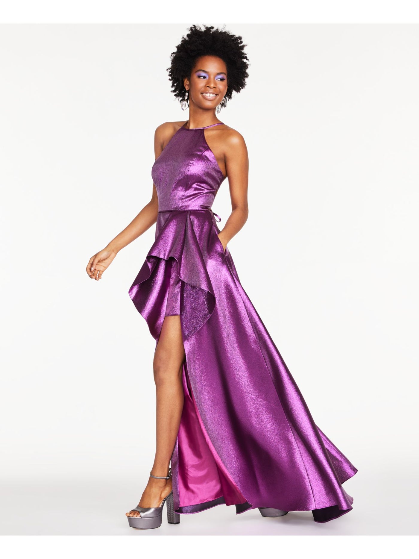 BLONDIE Womens Purple Ruffled Slitted Zippered Sleeveless Halter Maxi Prom Fit + Flare Dress 1