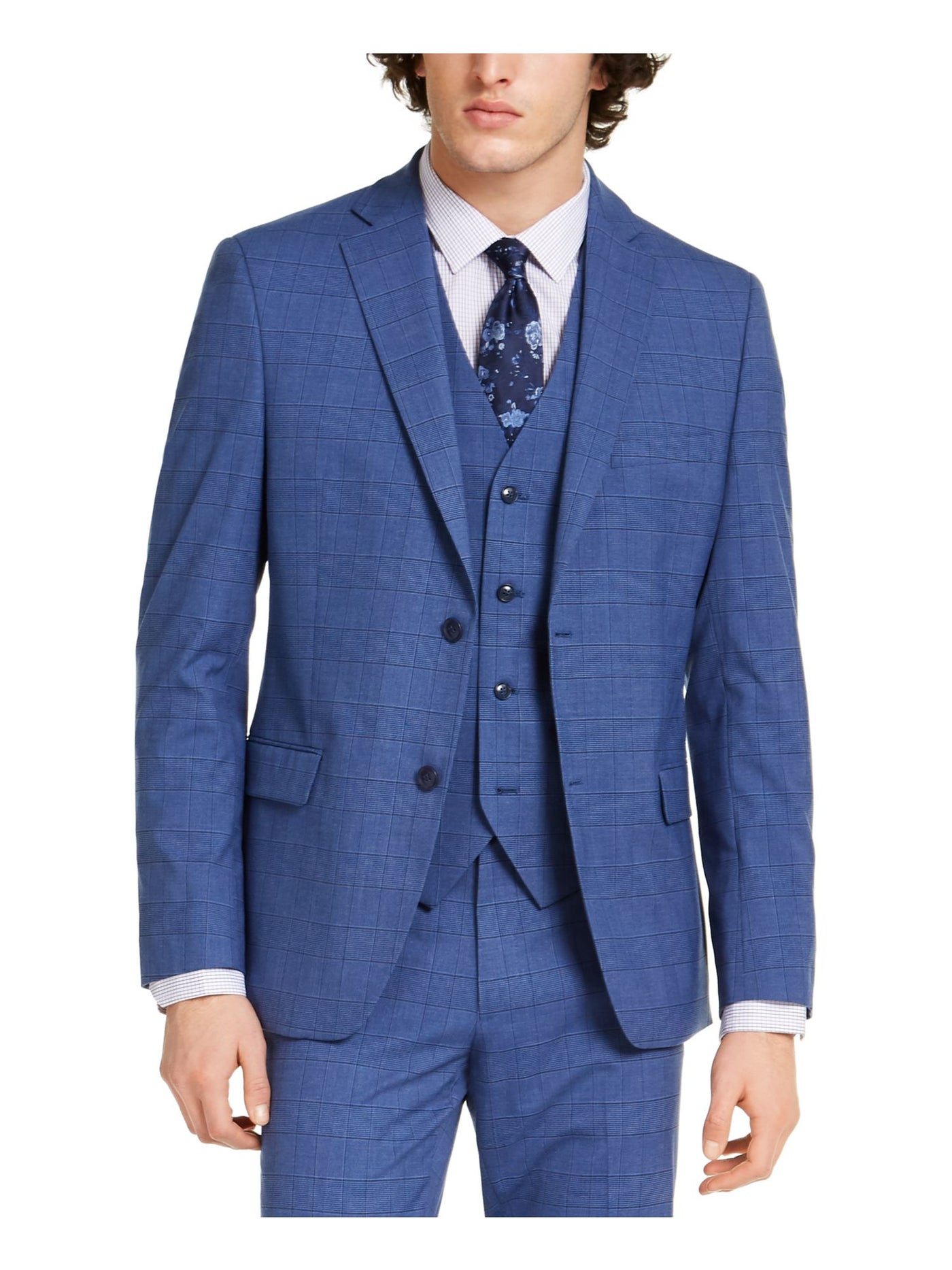 ALFANI Mens Blue Double Breasted, Windowpane Plaid Suit Jacket 36R