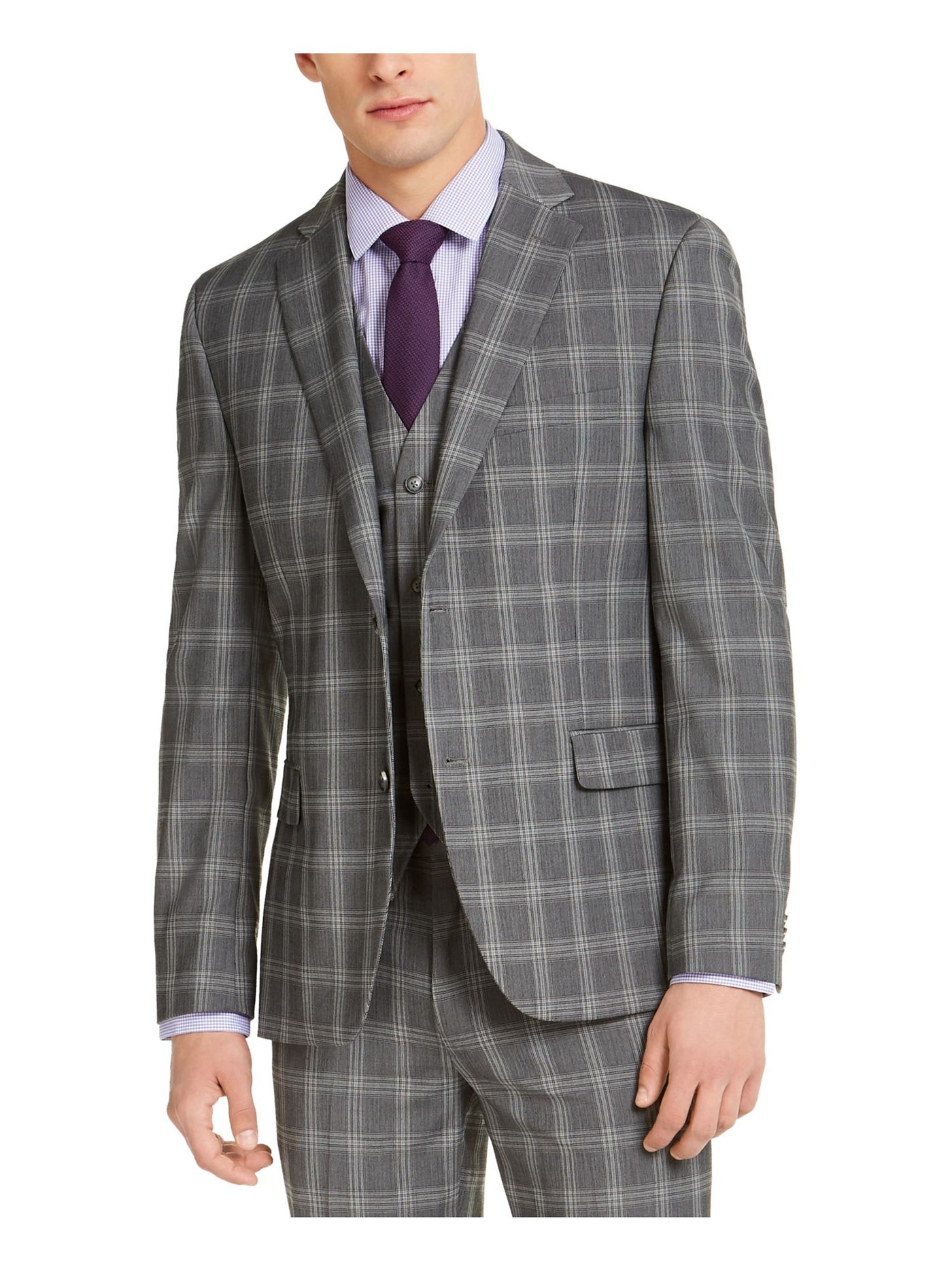 ALFANI Mens Gray Stretch Windowpane Plaid Slim Fit Suit Separate Blazer Jacket 42S