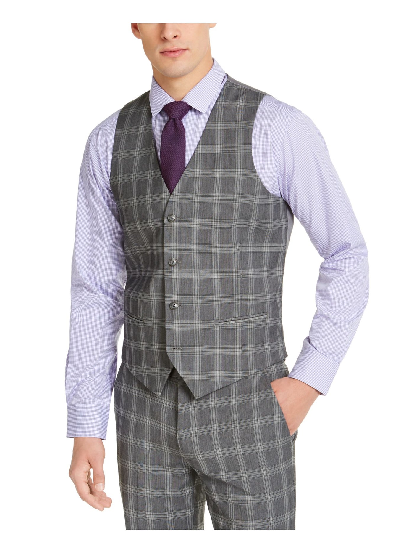 ALFANI Mens Gray Plaid Slim Fit Stretch Vest L