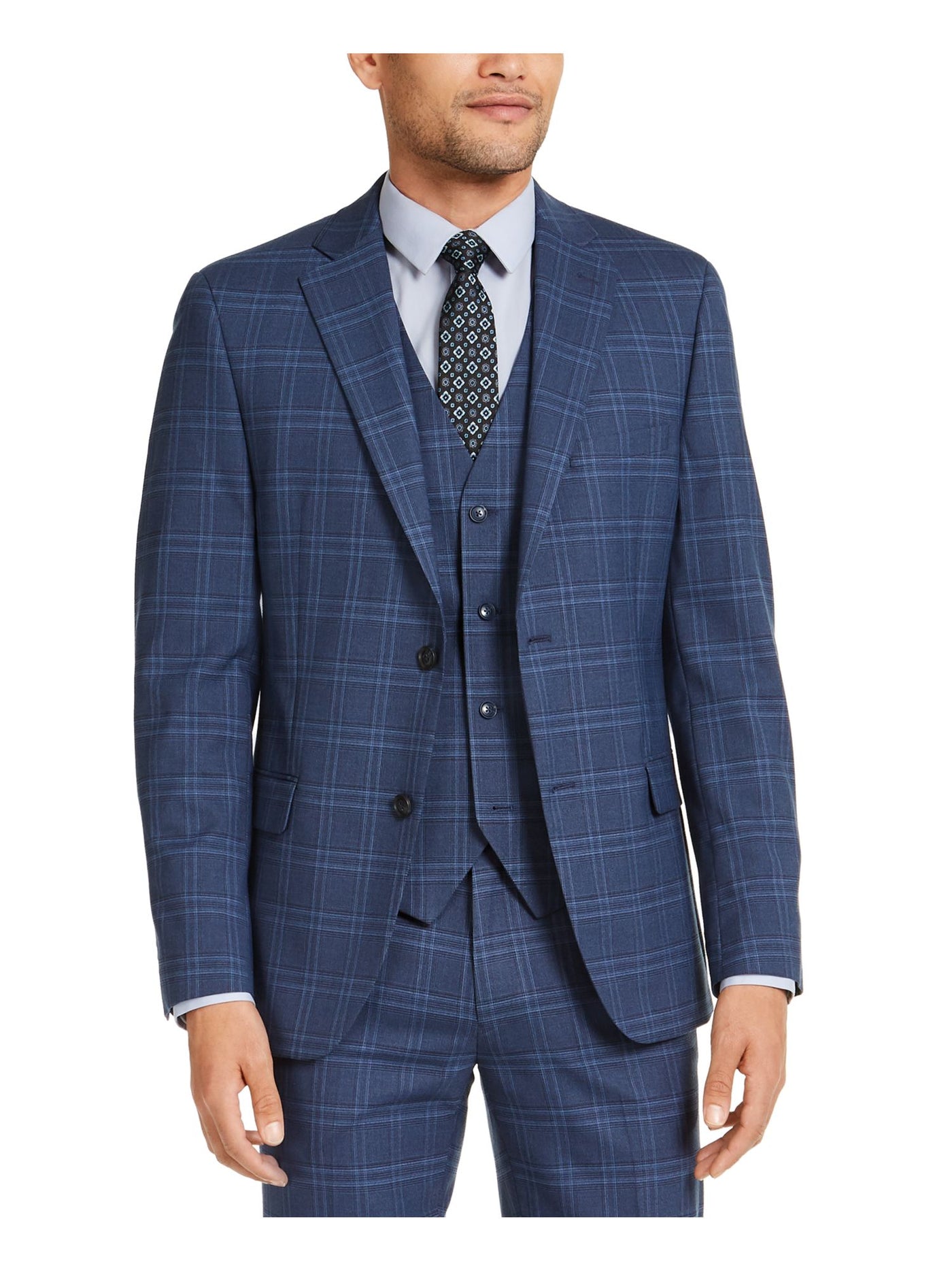 ALFANI Mens Navy Plaid Blazer Jacket 42L