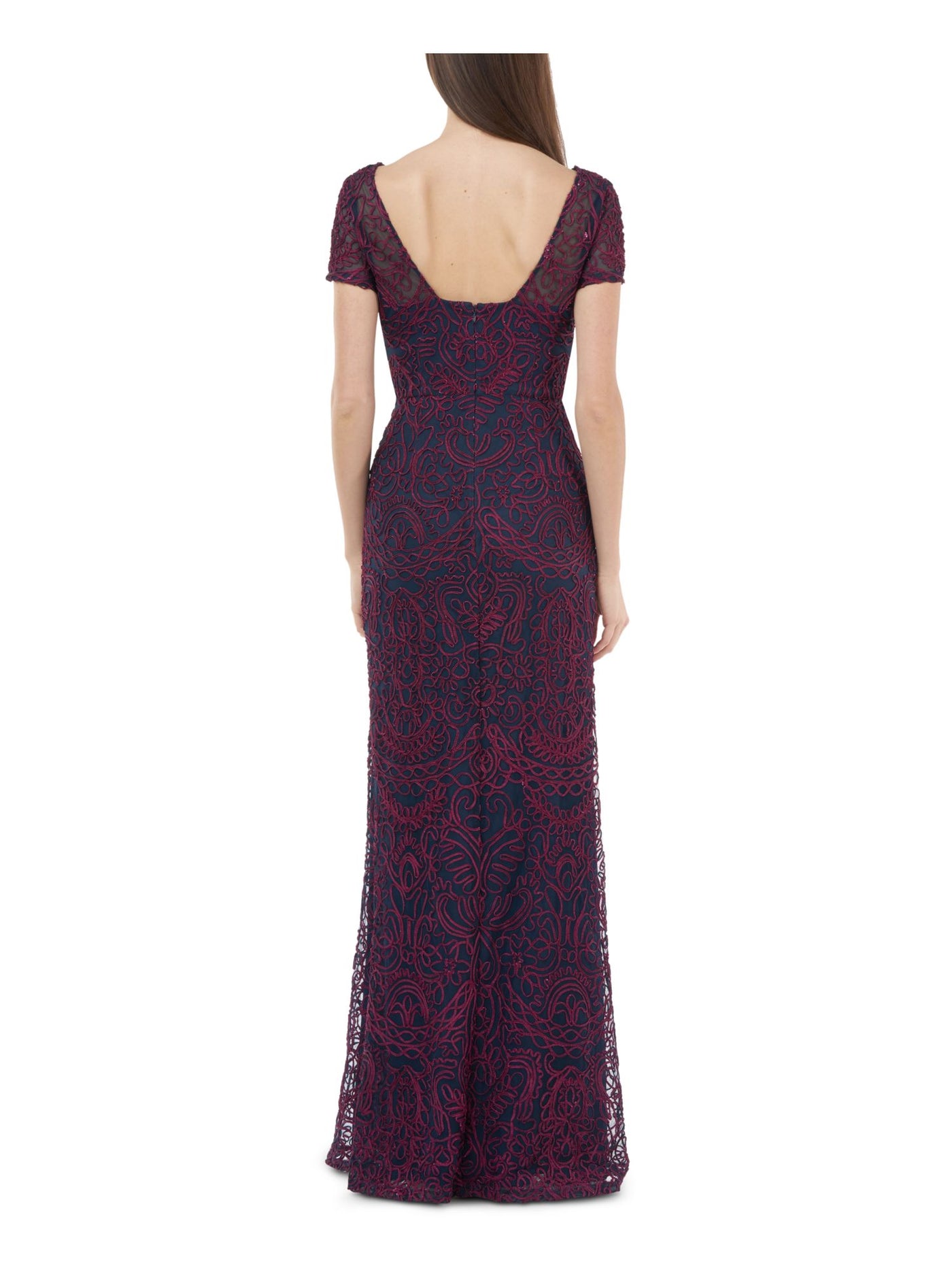 JS COLLECTION Womens Burgundy Short Sleeve Illusion Neckline Full-Length Evening Mermaid Dress 6