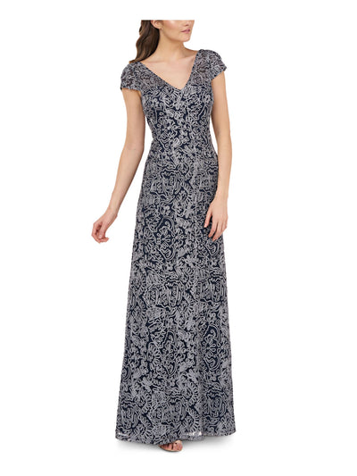 JS COLLECTION Womens Embellished Textured Short Sleeve V Neck Full-Length Formal Fit + Flare Dress