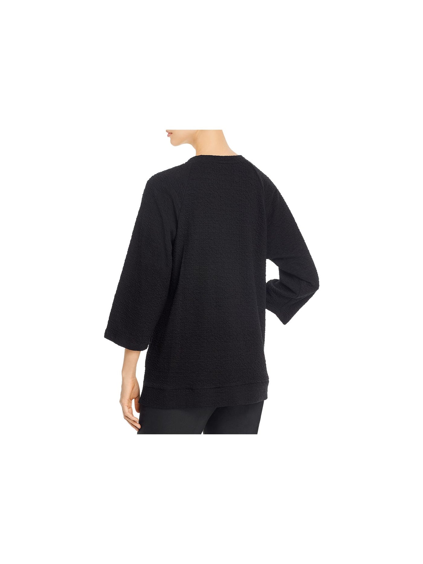 EILEEN FISHER Womens Black Textured Knit 3/4 Sleeve Crew Neck Evening Hi-Lo Top S