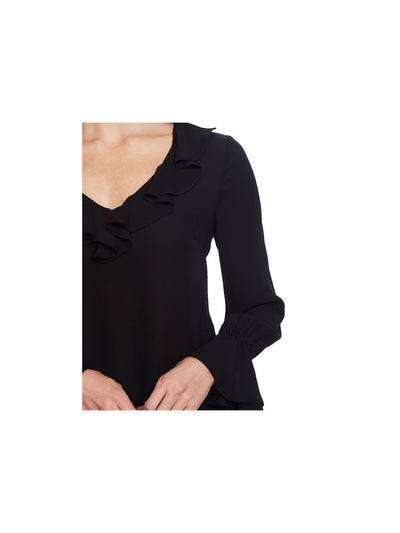 CECE Womens Black Ruffled Long Sleeve V Neck Wear To Work Blouse XS