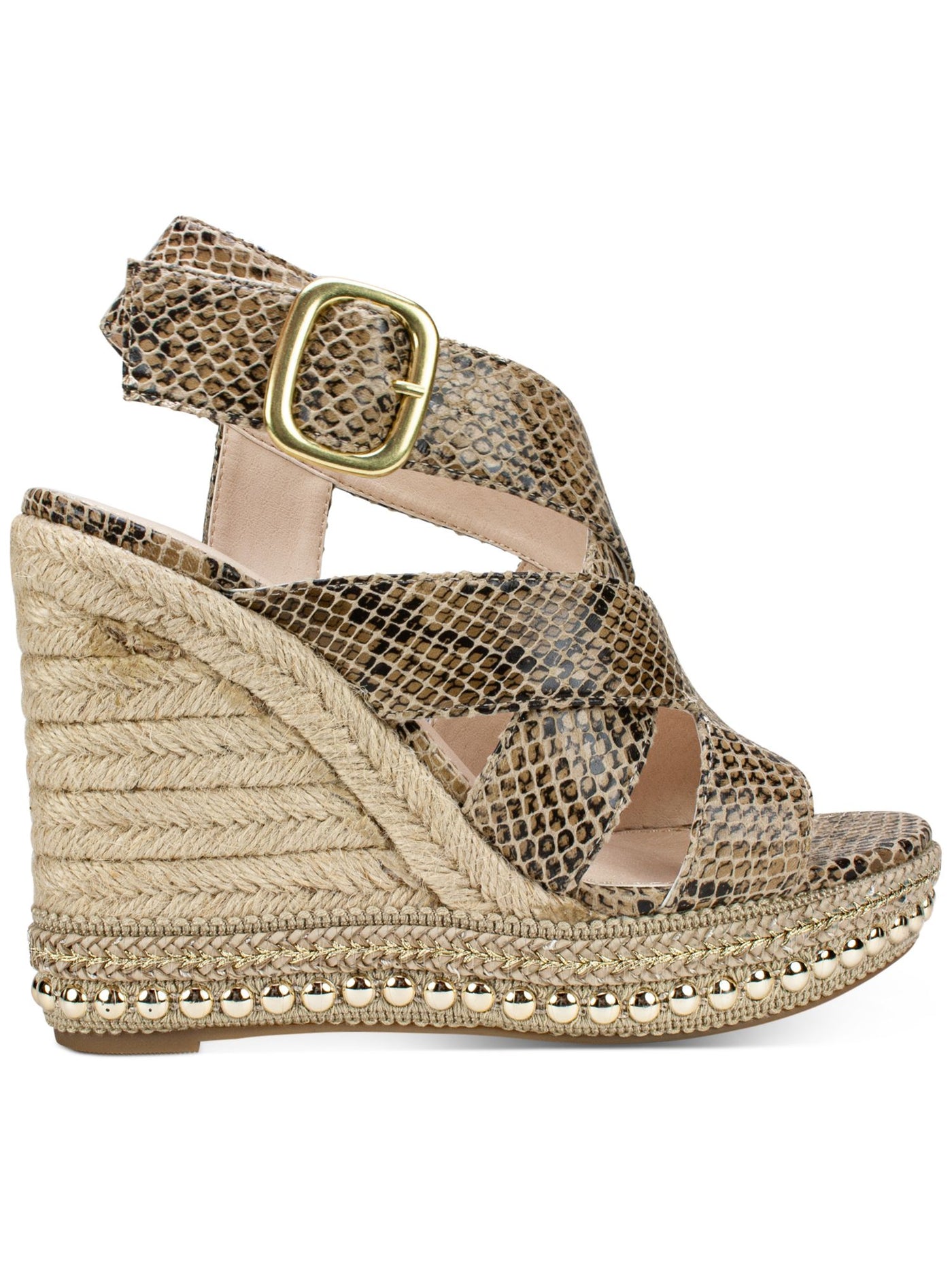 SEVEN DIALS Womens Stone Beige Animal Print Cushioned Asymmetrical Studded Strappy Somerset Round Toe Wedge Buckle Dress Espadrille Shoes 9 M