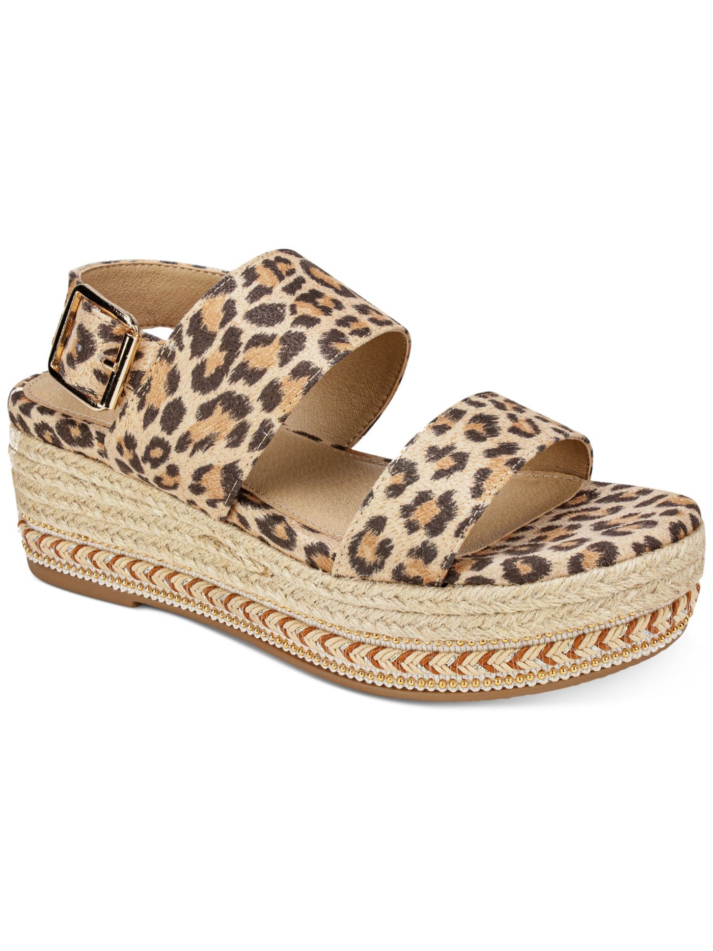 SEVEN DIALS Womens Beige Leopard Print 1-1/2" Platform Beaded Braided Accent Slingback Adjustable Strap Cushioned Leawood Round Toe Wedge Buckle Espadrille Shoes 5.5 M