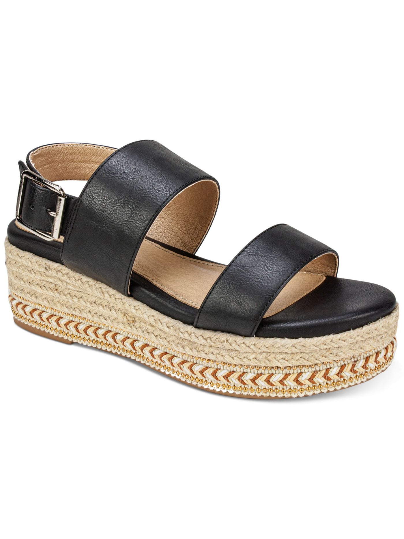 SEVEN DIALS Womens Black Trim Detailing Ankle Strap Cushioned Leawood Open Toe Wedge Buckle Dress Espadrille Shoes 8.5