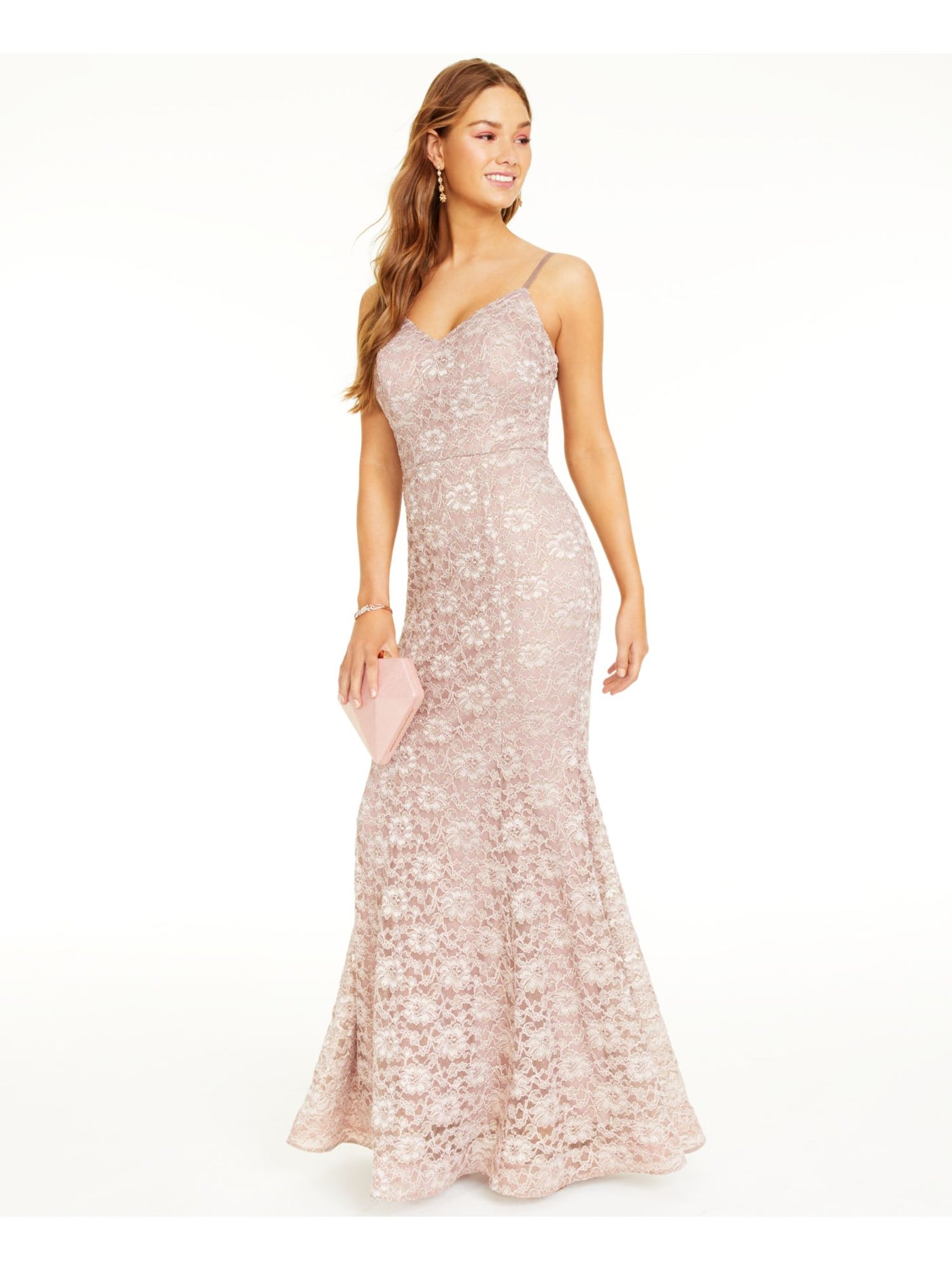 BCX Womens Pink Lace Floral Spaghetti Strap V Neck Full-Length  Mermaid Prom Dress Juniors 7