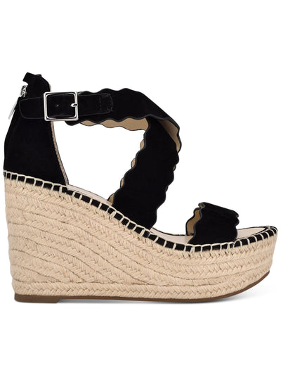 MARC FISHER Womens Black Scalloped Crisscross Straps 1-1/2" Platform Gore Woven Lining Comfort Buckle Accent Calita Round Toe Wedge Zip-Up Leather Espadrille Shoes 10 M