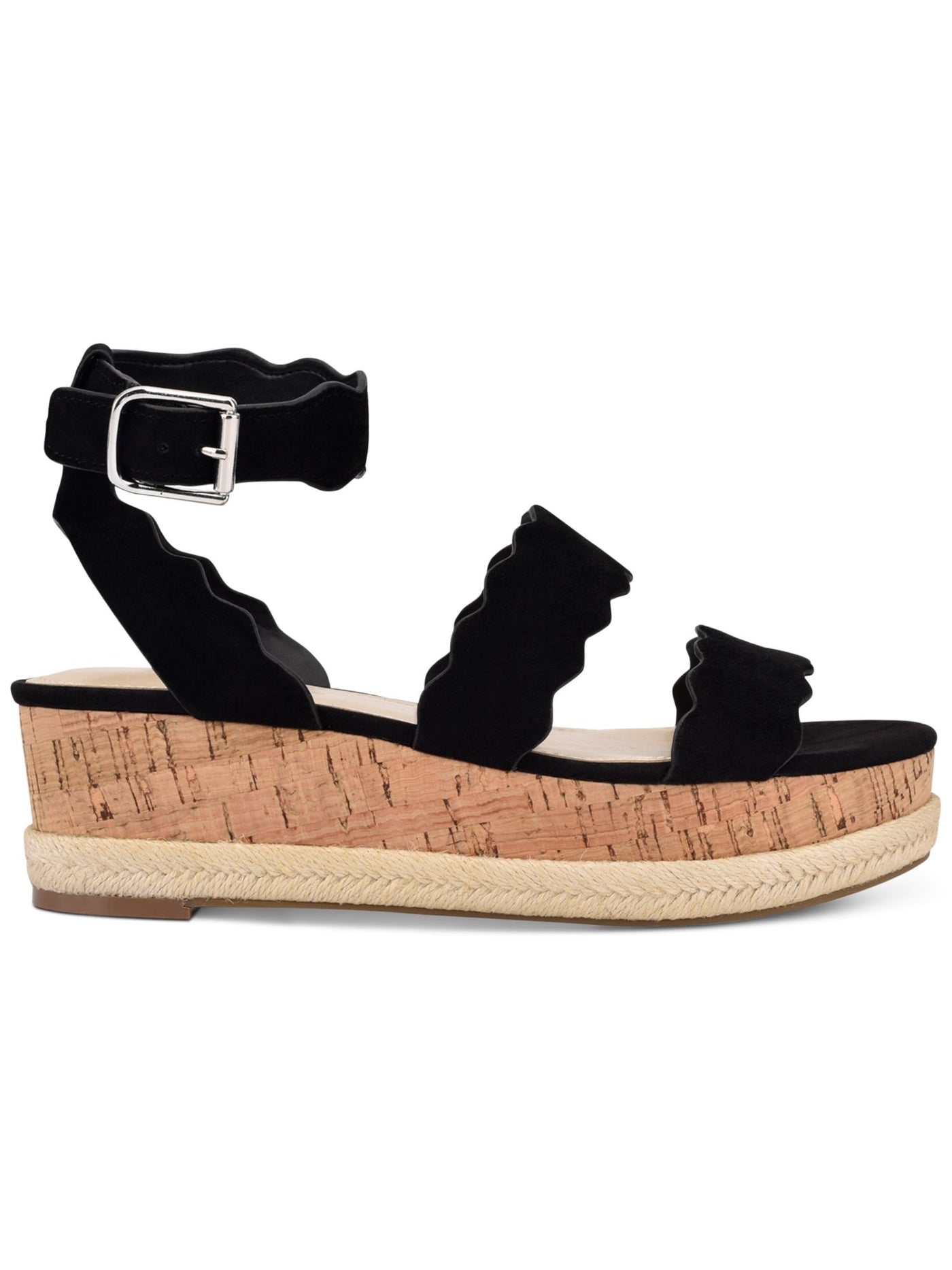 MARC FISHER Womens Black 1" Platform Padded Cork-Like Jute Detailing Scalloped Ankle Strap Fayme Round Toe Wedge Buckle Leather Slingback Sandal M