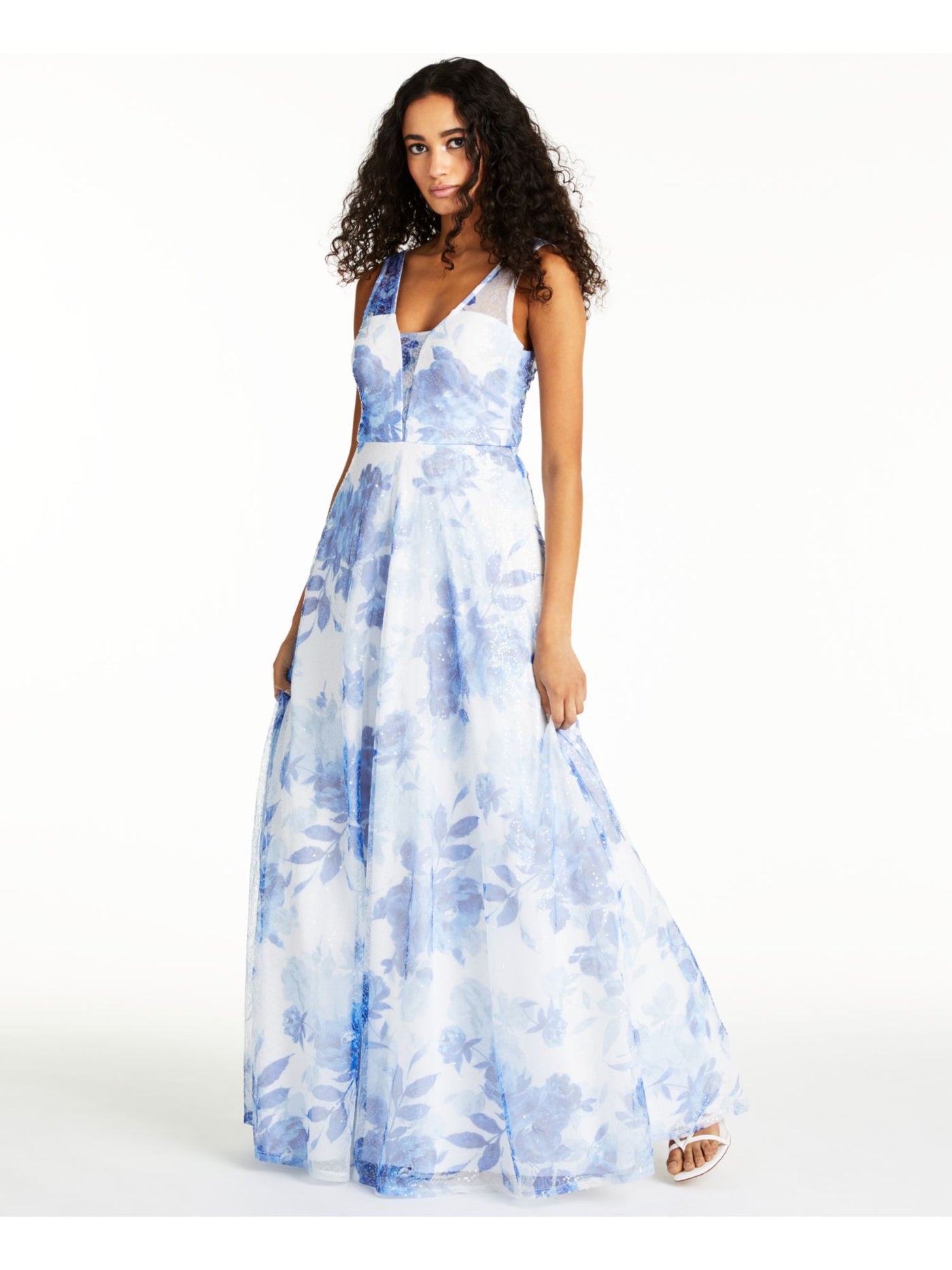 TRIXXI Womens Sequined Sleeveless V Neck Full-Length Prom Fit + Flare Dress