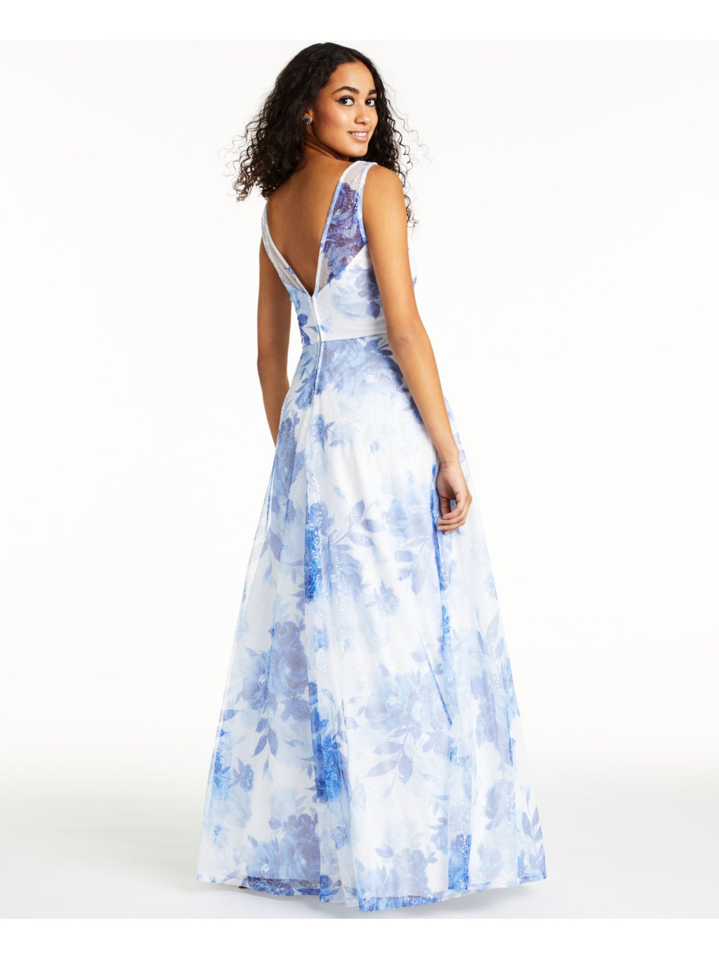 TRIXXI Womens Sequined Sleeveless V Neck Full-Length Prom Fit + Flare Dress