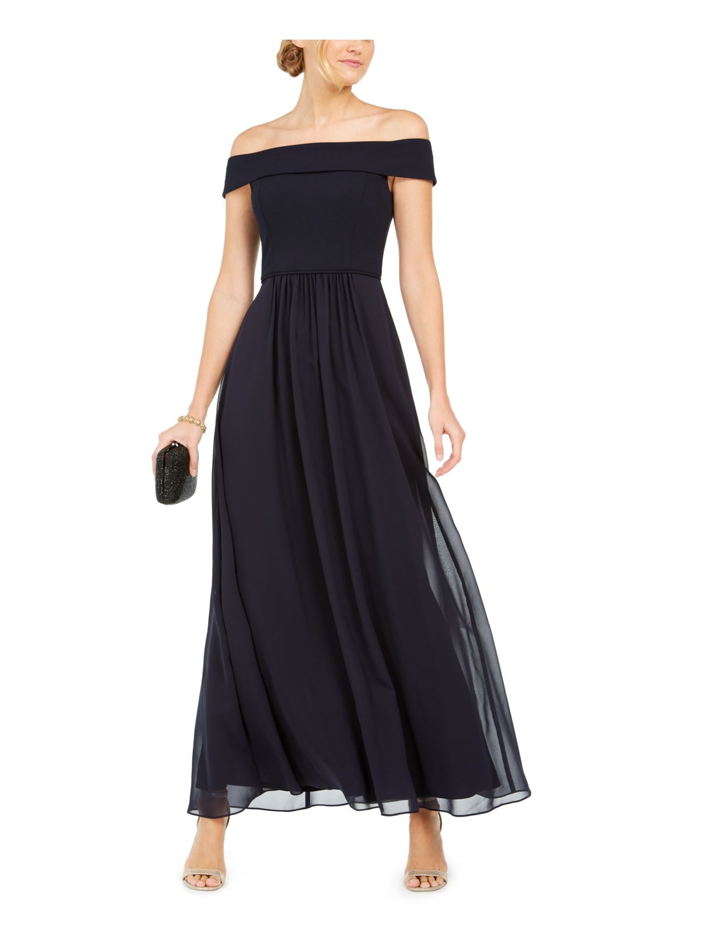 ADRIANNA PAPELL Womens Navy Pleated Zippered Short Sleeve Off Shoulder Maxi Evening Fit + Flare Dress 6