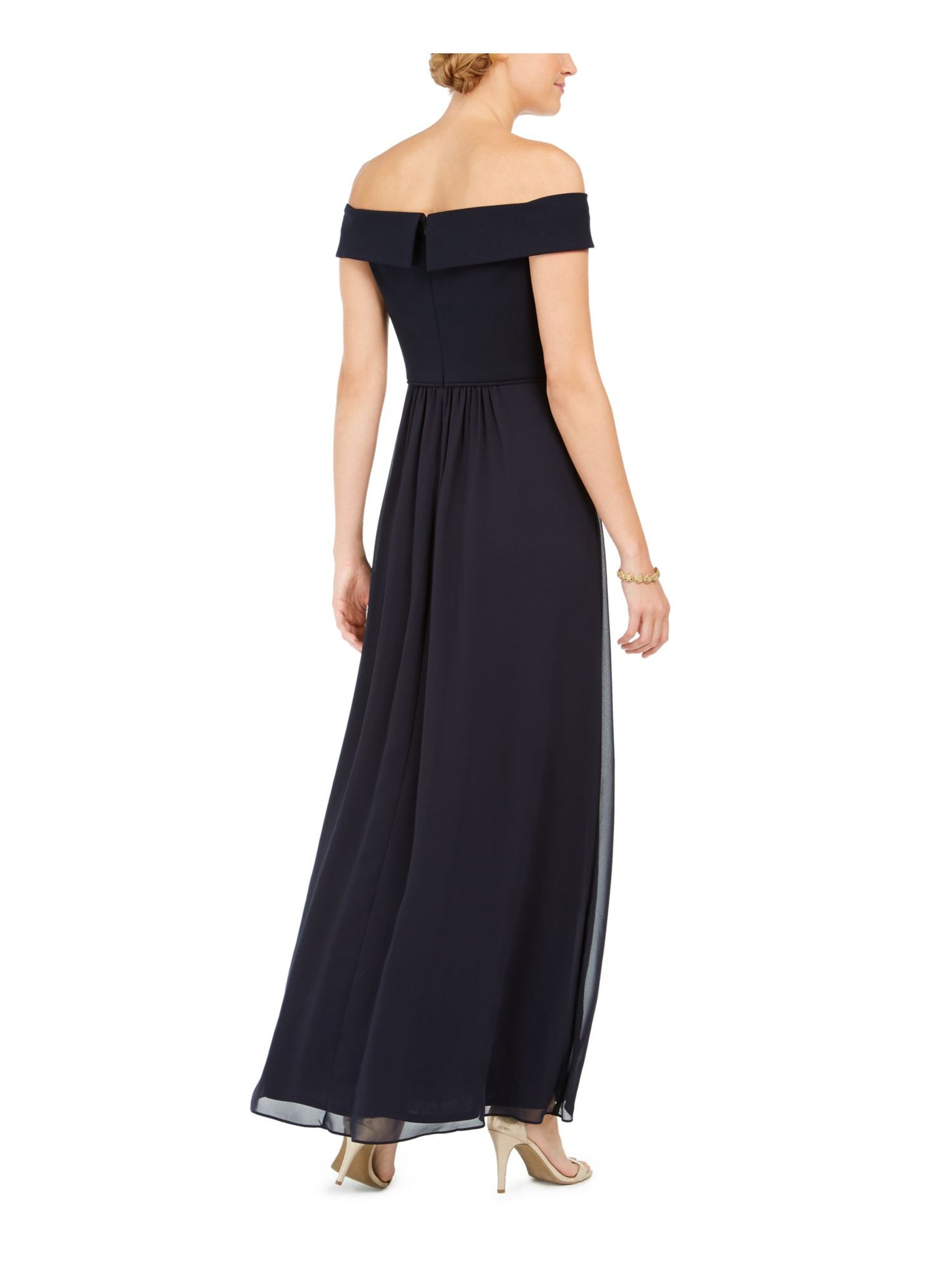 ADRIANNA PAPELL Womens Navy Pleated Zippered Short Sleeve Off Shoulder Maxi Evening Fit + Flare Dress 6