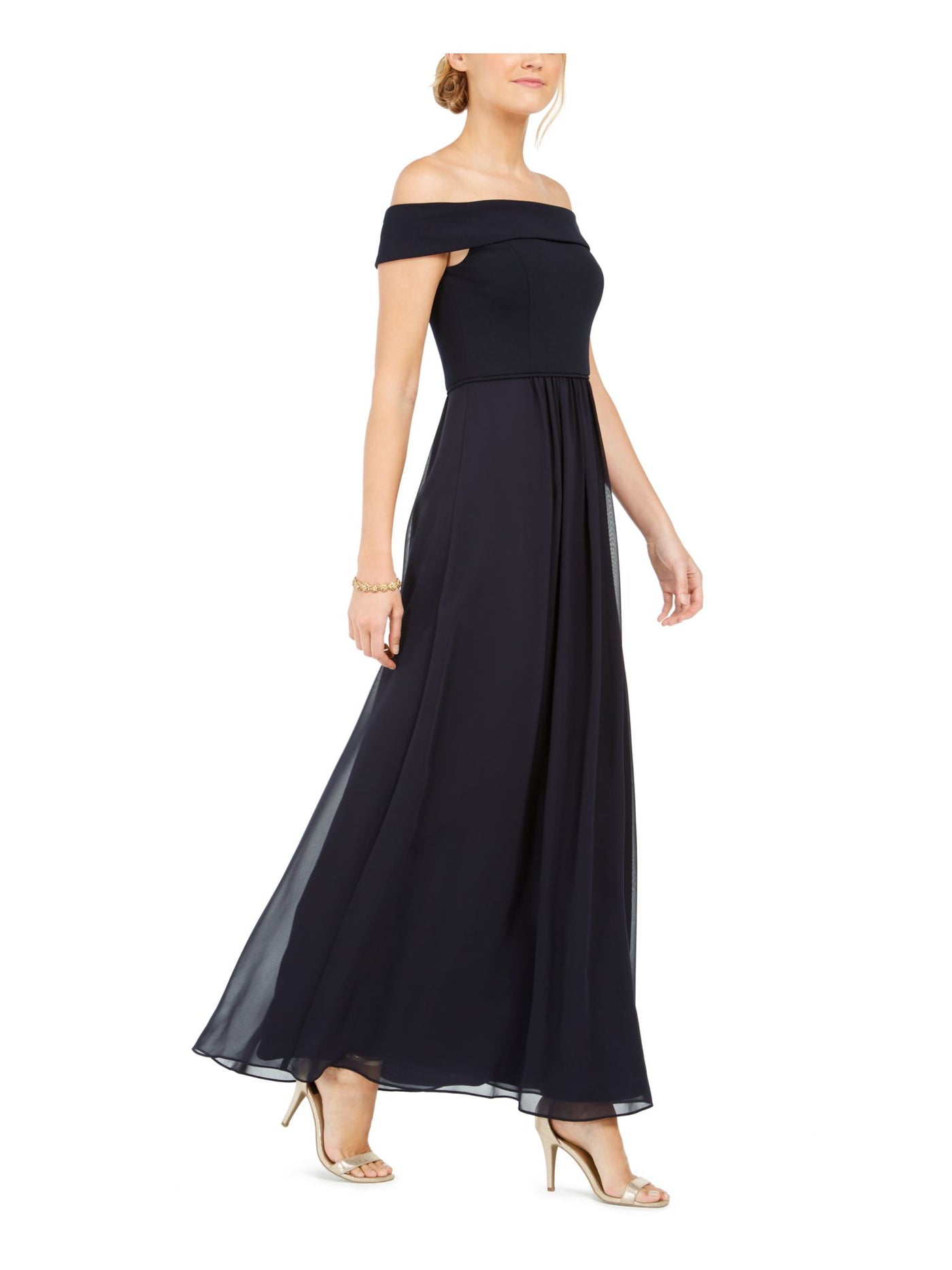 ADRIANNA PAPELL Womens Navy Pleated Zippered Short Sleeve Off Shoulder Maxi Evening Fit + Flare Dress 6