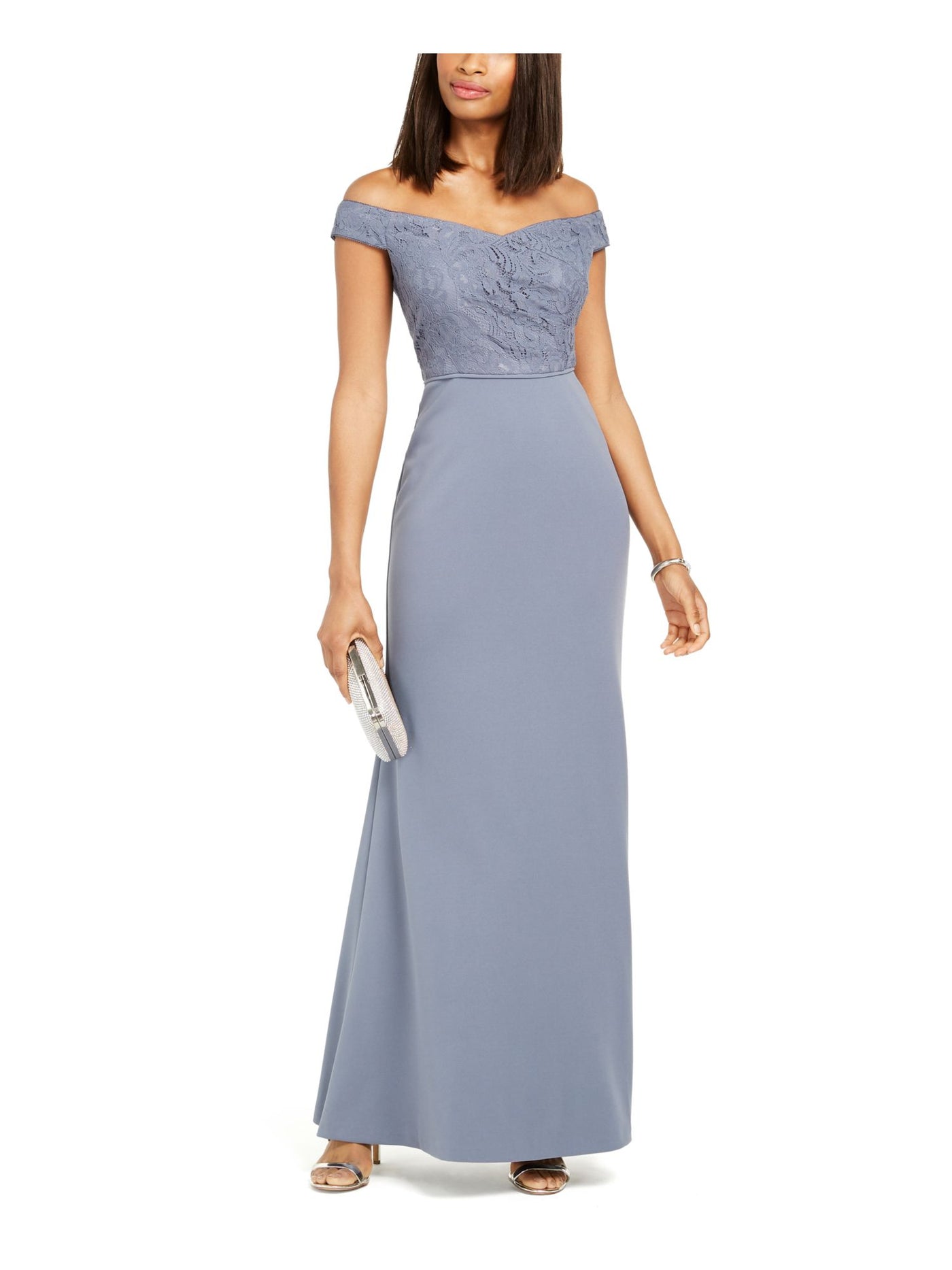 ADRIANNA PAPELL Womens Light Blue Lace Zippered Short Sleeve Off Shoulder Full-Length Formal Sheath Dress 10