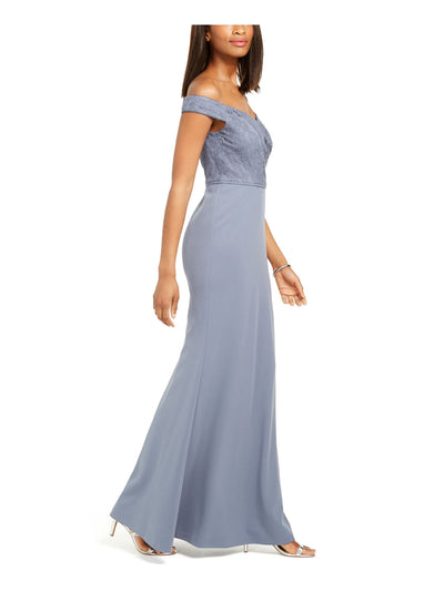 ADRIANNA PAPELL Womens Light Blue Lace Zippered Short Sleeve Off Shoulder Full-Length Formal Sheath Dress 12