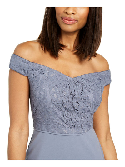 ADRIANNA PAPELL Womens Blue Lace Zippered Short Sleeve Off Shoulder Full-Length Formal Sheath Dress 10