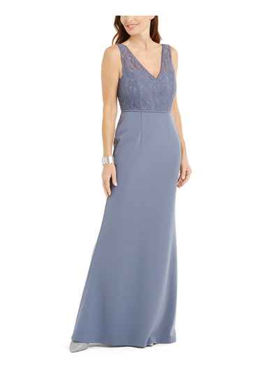 ADRIANNA PAPELL Womens Blue Slitted Zippered Illusion Gown Sleeveless V Neck Full-Length Formal Dress 16