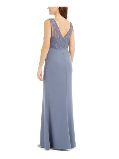ADRIANNA PAPELL Womens Blue Slitted Zippered Illusion Gown Sleeveless V Neck Full-Length Formal Dress 10
