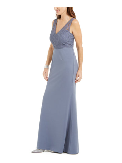 ADRIANNA PAPELL Womens Light Blue Slitted Zippered Illusion Gown Sleeveless V Neck Full-Length Formal Dress 4