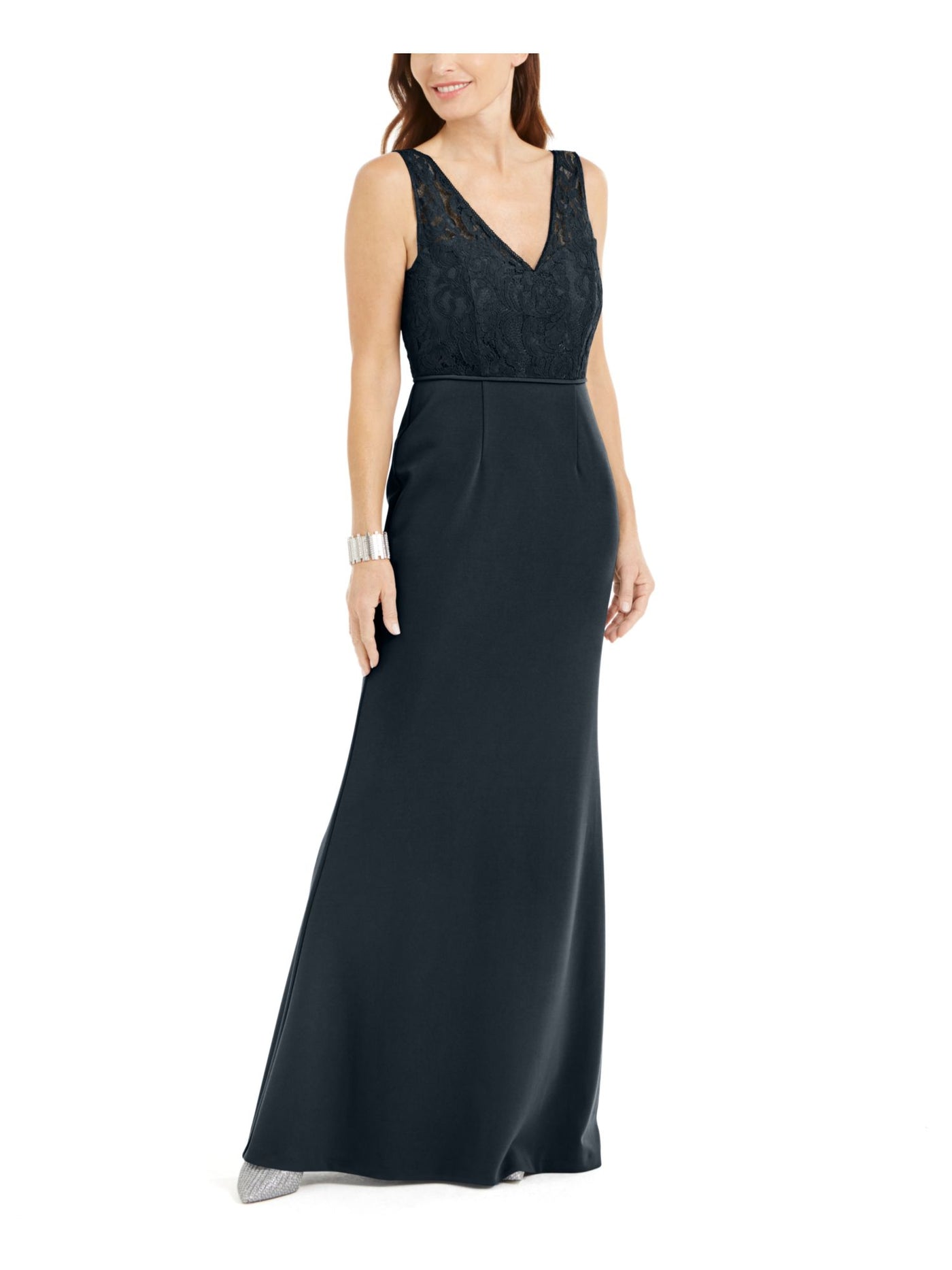 ADRIANNA PAPELL Womens Slitted Zippered Illusion Gown Sleeveless V Neck Full-Length Formal Dress