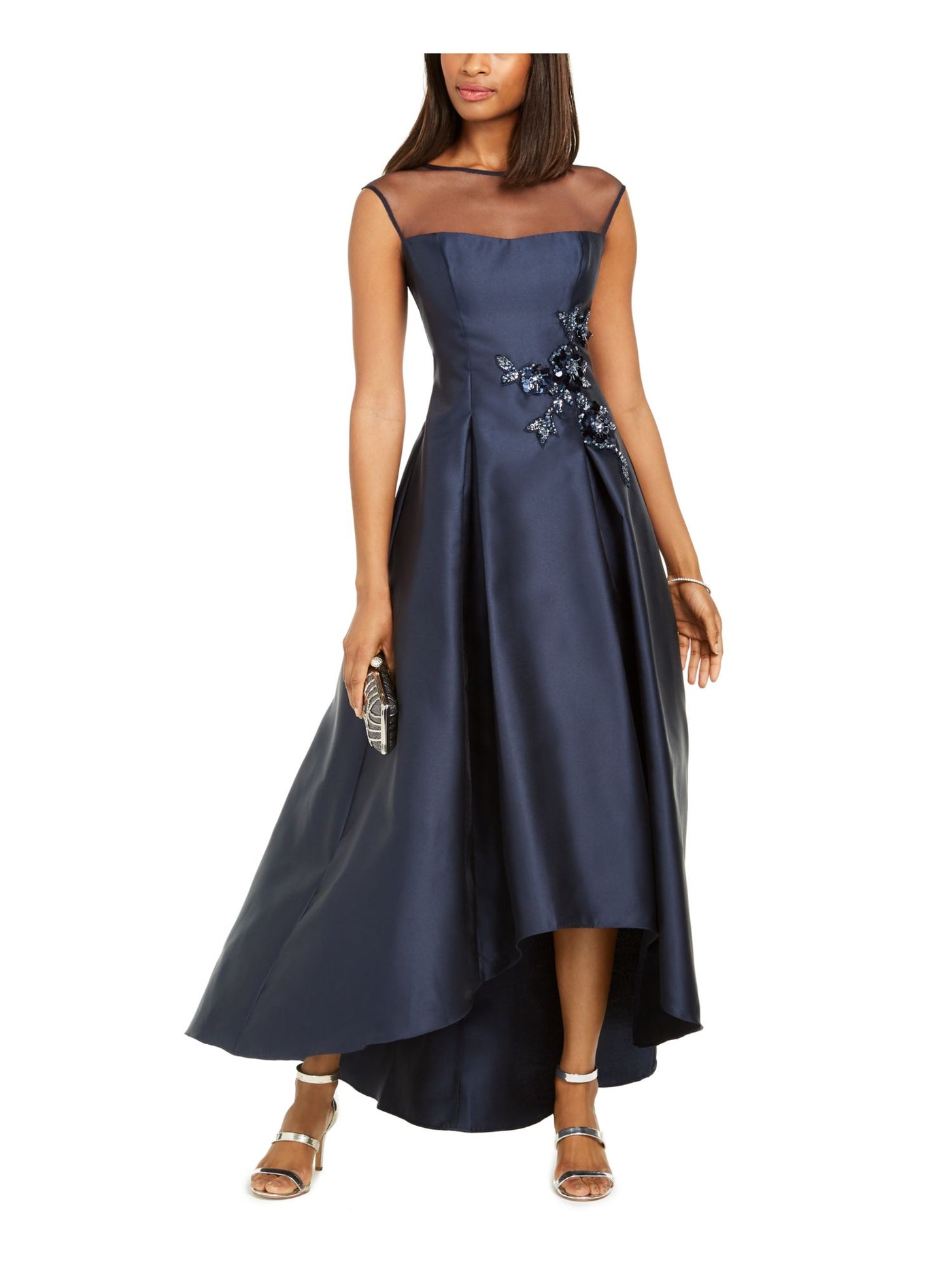 ADRIANNA PAPELL Womens Navy Embellished Sleeveless Illusion Neckline Evening Hi-Lo Dress 10