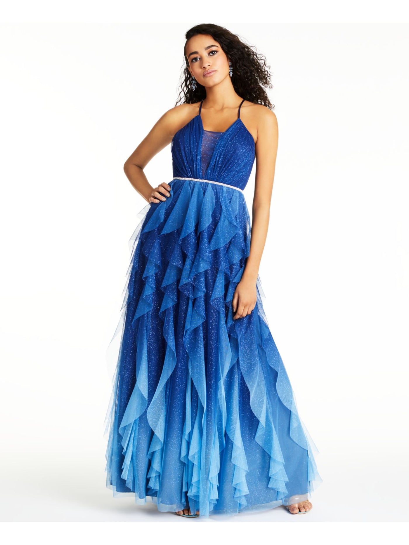 TEEZE ME Womens Blue Glitter Ruffled Spaghetti Strap V Neck Full-Length Prom Fit + Flare Dress Juniors 0