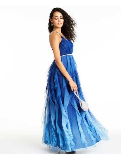 TEEZE ME Womens Blue Glitter Ruffled Spaghetti Strap V Neck Full-Length Prom Fit + Flare Dress Juniors 0