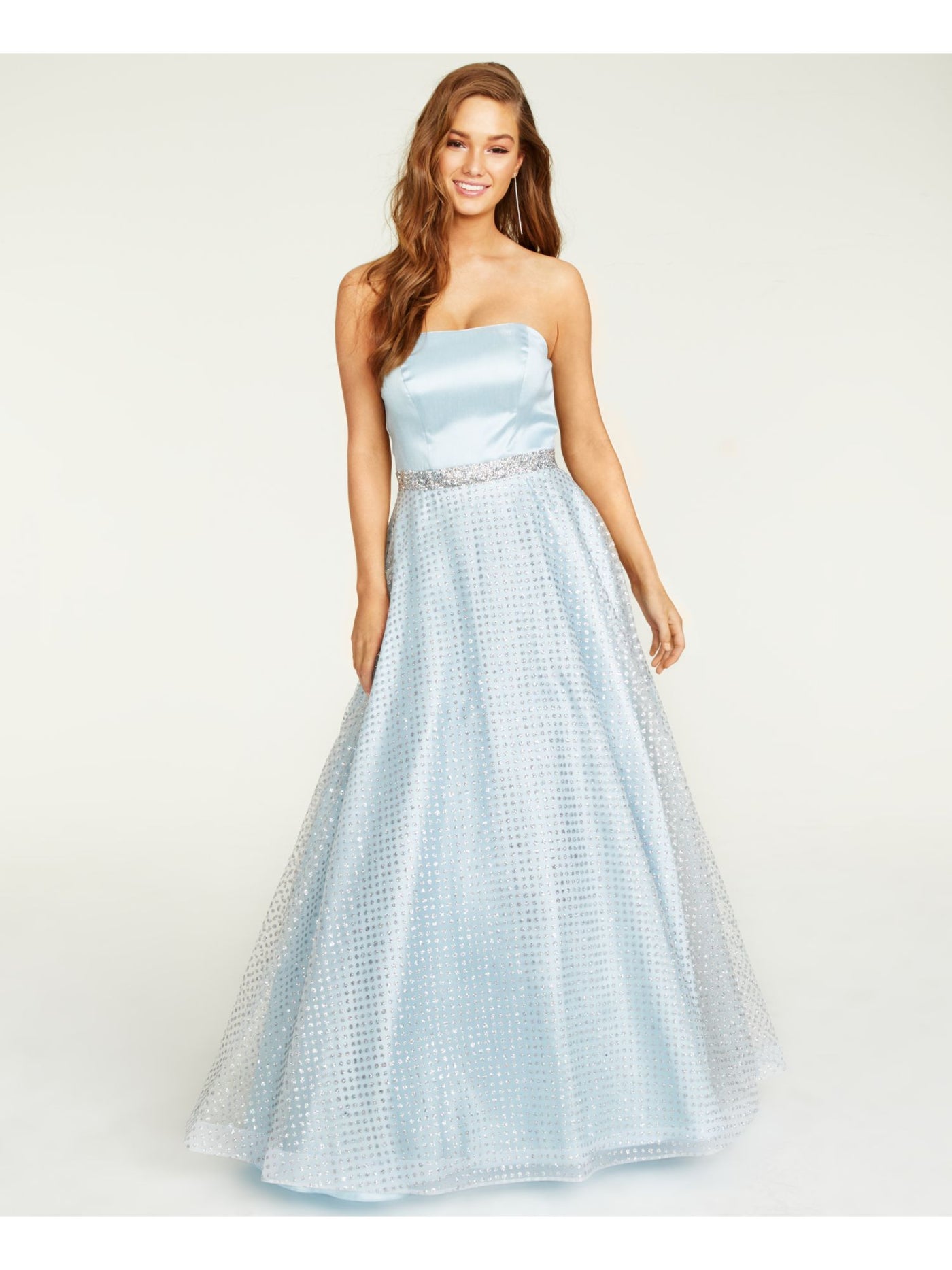 B DARLIN Womens Light Blue Glitter Overlay Sleeveless Full-Length Prom Dress 0