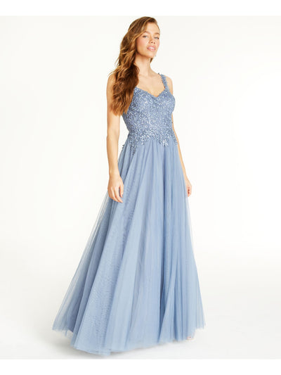 SAY YES TO THE PROM Womens Blue Embellished Textured Sleeveless V Neck Full-Length Formal Fit + Flare Dress 5